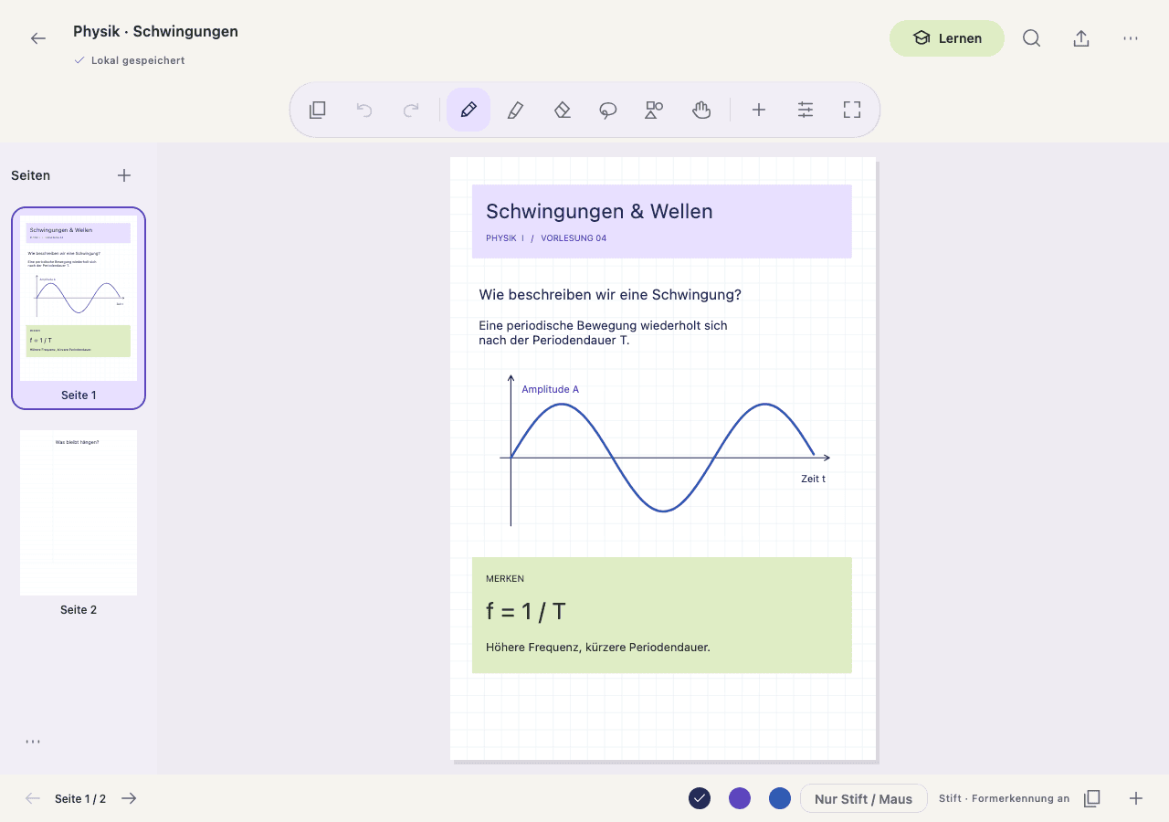 Student Notes Editor mit Notizseite und Werkzeugleiste